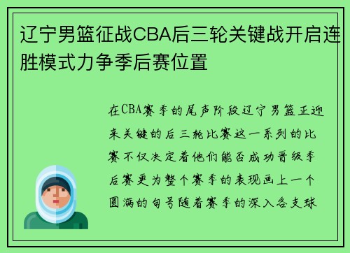 辽宁男篮征战CBA后三轮关键战开启连胜模式力争季后赛位置